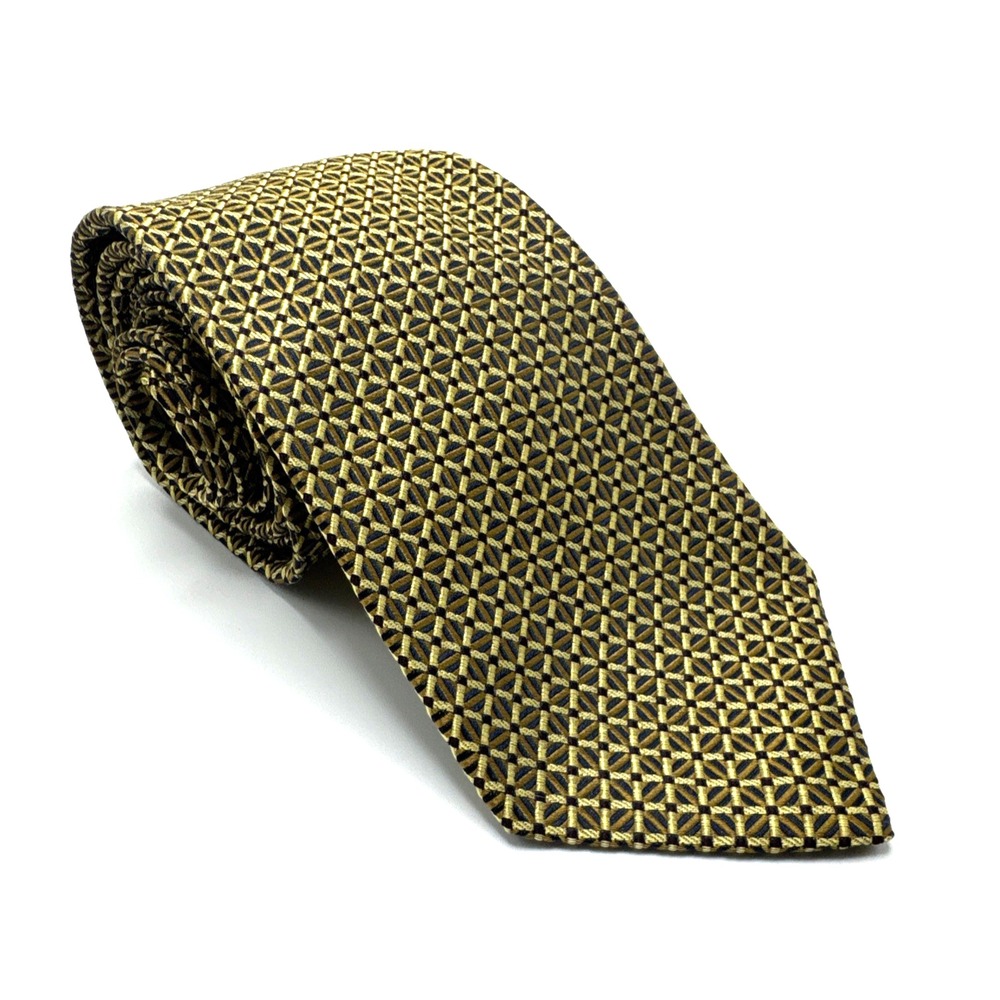 Vintage Lands End Jacquard Gold Geometric Silk Tie 58 x 3.50 HandSewn in USA